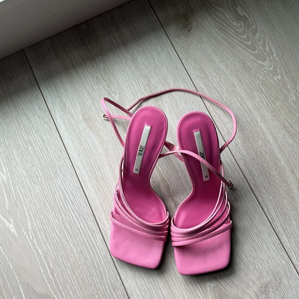 Zara Pink Strappy Square-Toe Stiletto Sandals - Picture 3 of 4